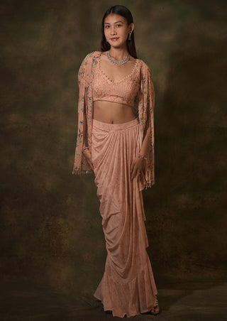 Floral pink dhoti and jacket set