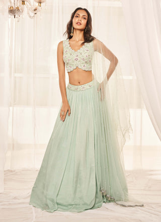 Turquoise green resham lehenga set