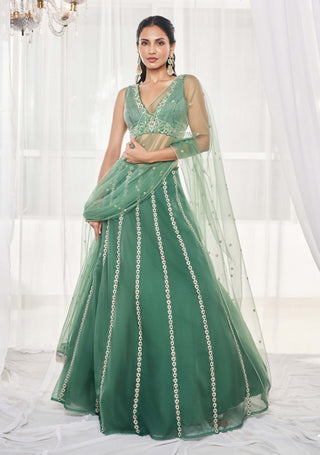 Teal green organza lehenga set