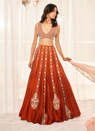 Burnt orange embroidery lehenga set