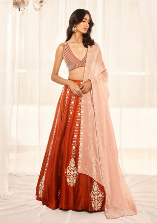 Burnt orange embroidery lehenga set