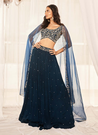 Teal blue chiffon lehenga set