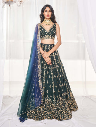 Bottle green embroidered lehenga set