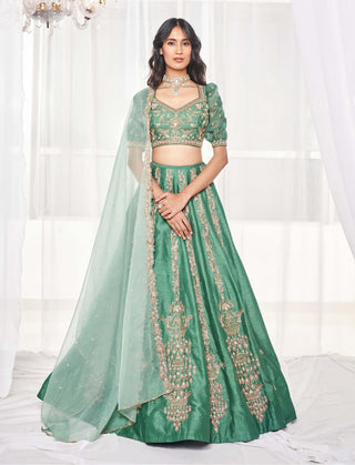 Teal green resham lehenga set