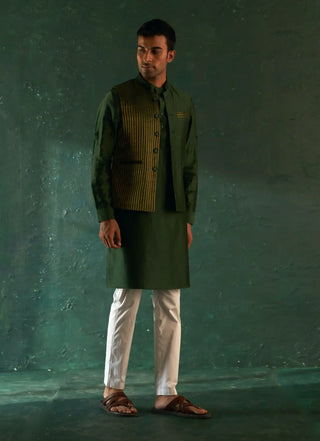 Deep green straight kurta and nehru jacket set