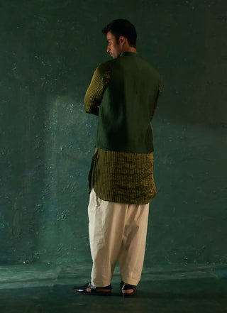 Deep green stripe pathani kurta and nehru jacket set