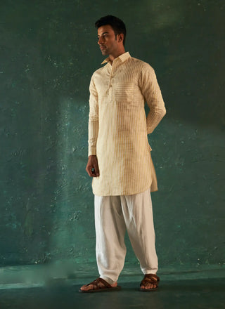 Ivory tissue stripe pathani kurta and salwar