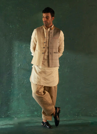 White stripe pathani kurta and nehru jacket set