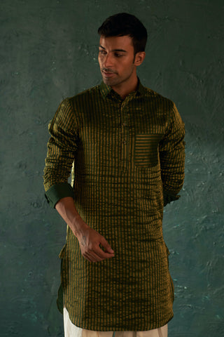 Deep green stripe pathani kurta and nehru jacket set