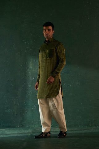 Deep green stripe pathani kurta and nehru jacket set