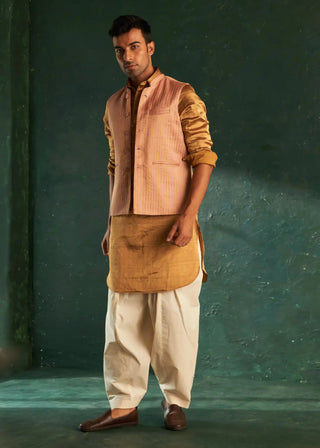 Gold tissue pathani kurta and nehru jacket set