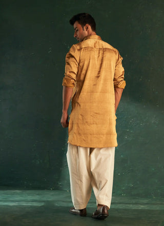 Gold tissue pathani kurta and nehru jacket set