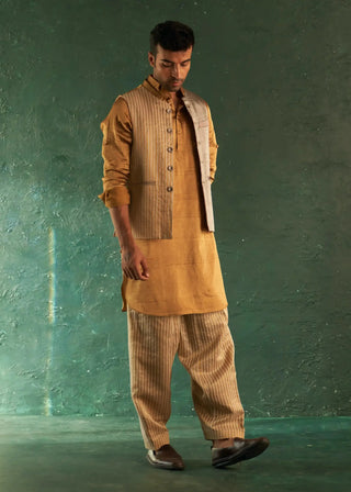 Gold tissue pathani kurta and nehru jacket set