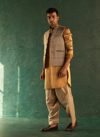 Gold tissue pathani kurta and nehru jacket set