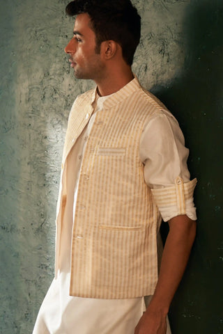 White straight kurta and nehru jacket set