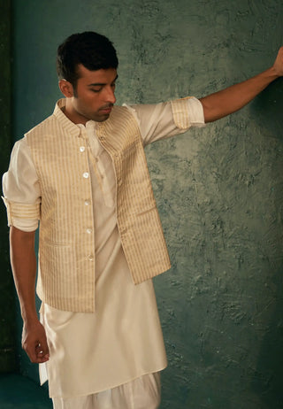 White straight kurta and nehru jacket set