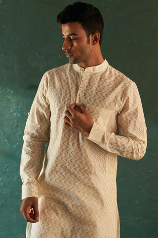 White chevron straight kurta and nehru jacket set