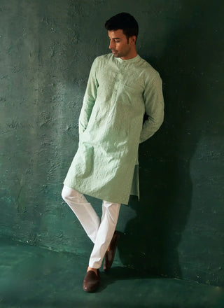 Aqua green chevron embroidered kurta and pant