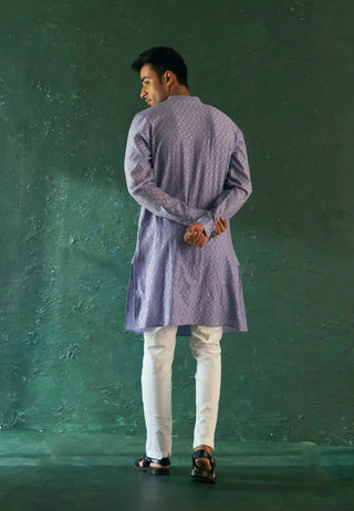 Lavender chevron straight kurta and nehru jacket set