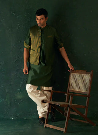 Deep green straight kurta and nehru jacket set