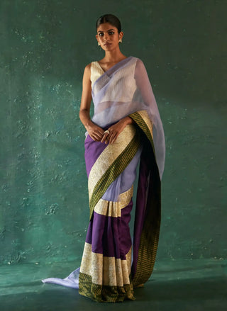 Midas purple saree and ivory stripe blouse