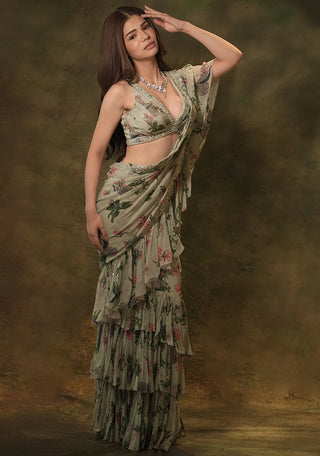 Celadon ruffle saree and blouse