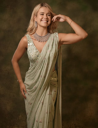 Pastel green celadon jacket and saree set