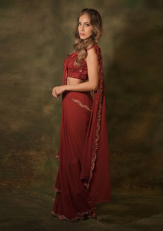 Maroon ruffle saree and blouse