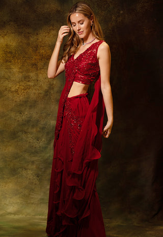 Maroon sequins skirt saree and blouse