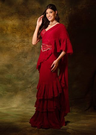 Maroon mirror ruffle saree and blouse