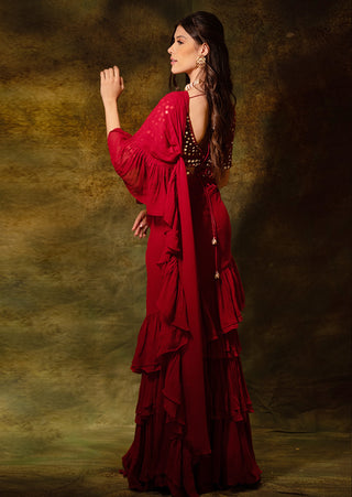 Maroon mirror ruffle saree and blouse