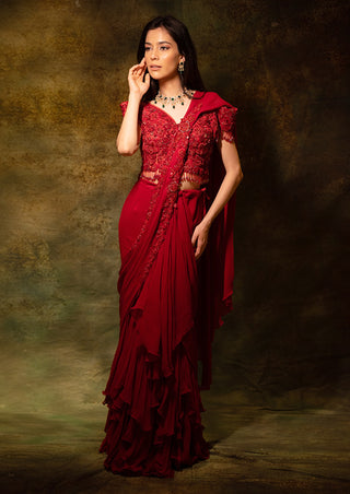 Maroon floral ruffle saree and blouse