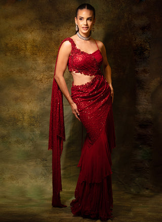 Red sequins gown saree