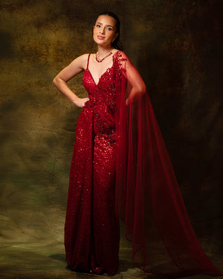 Red sequins drape gown