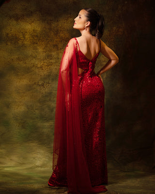 Red sequins drape gown