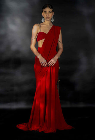 Red crystal strings saree and blouse