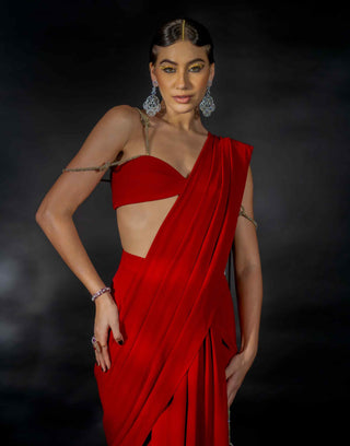 Red crystal strings saree and blouse