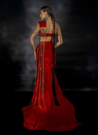 Red crystal strings saree and blouse