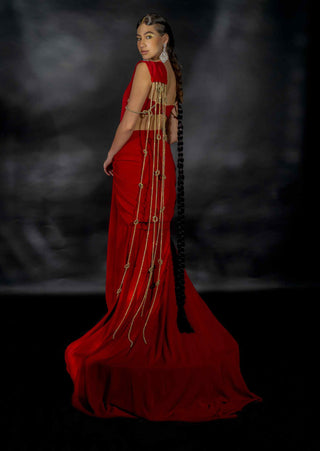 Red crystal strings saree and blouse