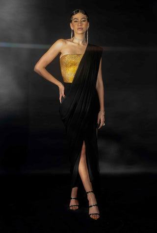 Gold rhinestone corset and black saree