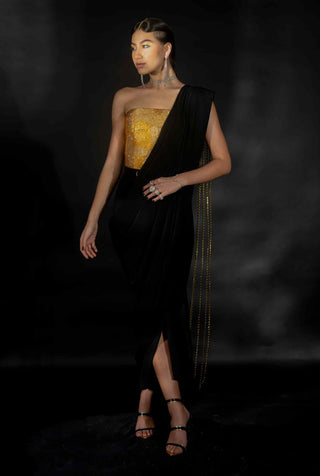 Gold rhinestone corset and black saree