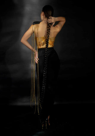 Gold rhinestone corset and black saree