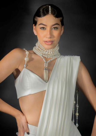 White pearl strings saree and blouse