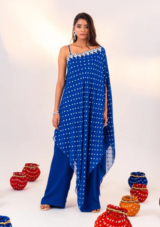 Royal blue asymmetrical tunic and straight pants