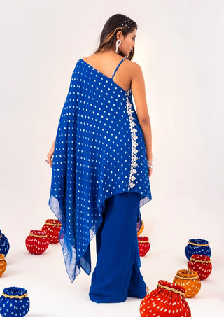 Royal blue asymmetrical tunic and straight pants