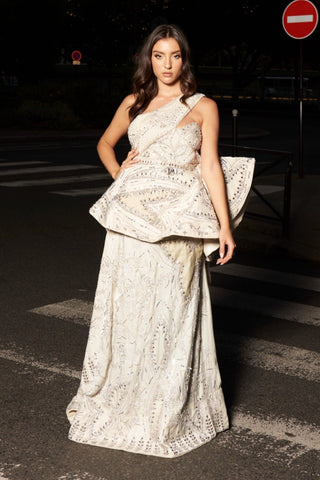 Ivory glass organza one-shoulder gown