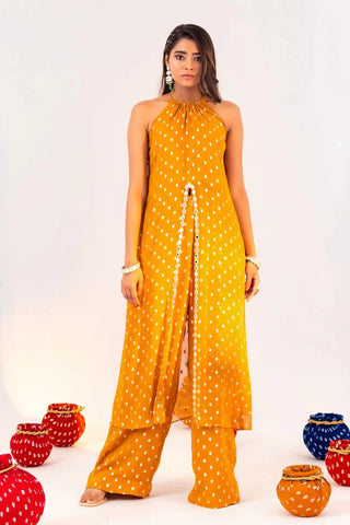 Yellow halter neck tunic and straight pants