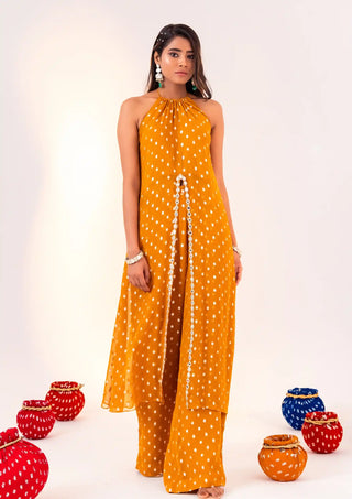 Yellow halter neck tunic and straight pants