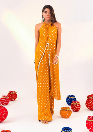 Yellow halter neck tunic and straight pants