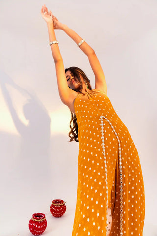 Yellow halter neck tunic and straight pants